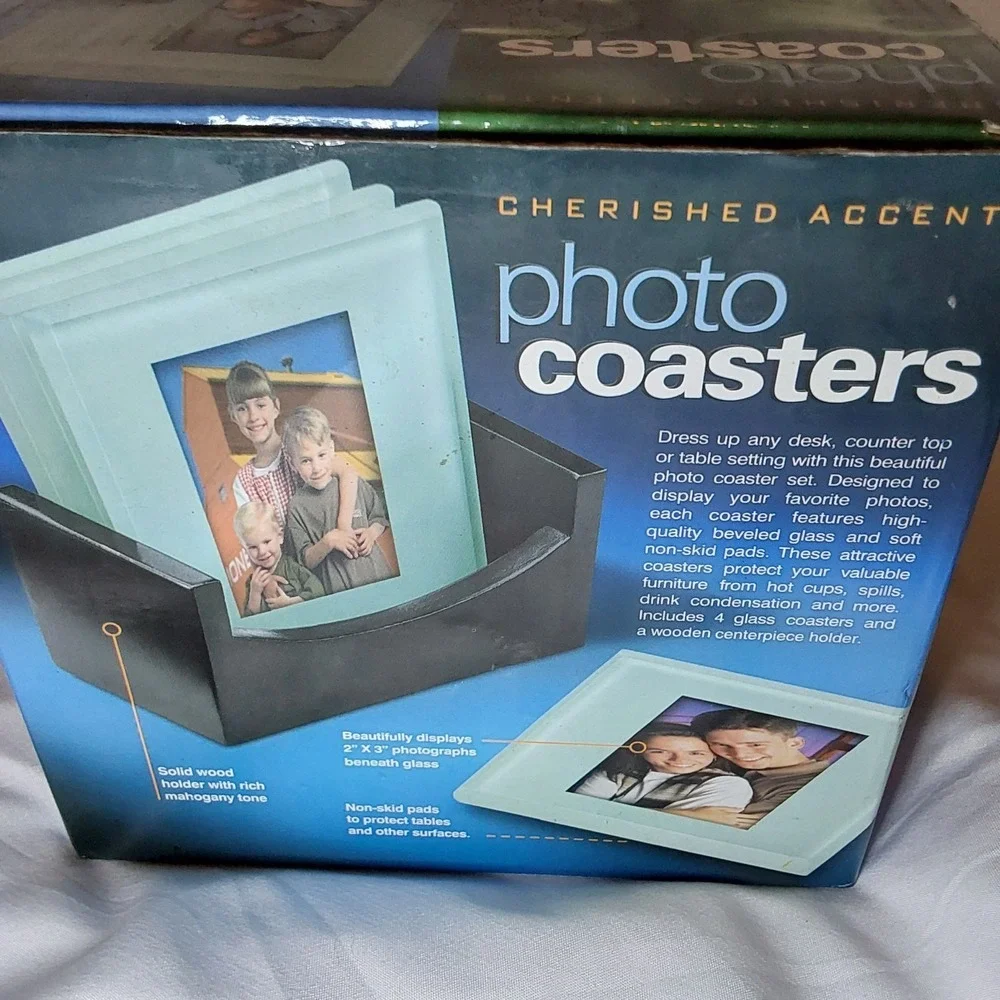 NEW Set 4 Cherished Accents Photo Coasters w/Wood Holder,Orig Box,2